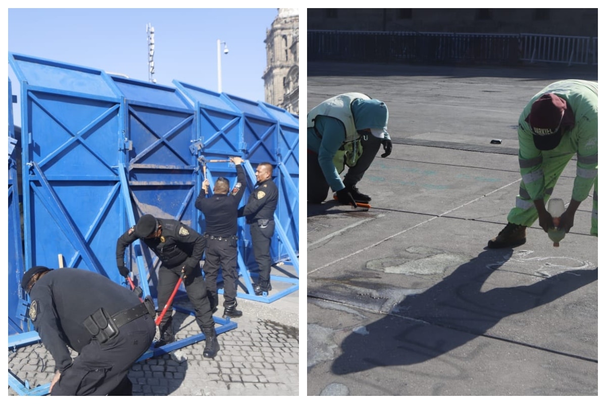 con autos hidráulicos de presión de agua y jabón, trabajadores también limpian las pintas hechas en distintos puntos de la Plaza de la Constitución, así como en fachadas, pisos y comercios