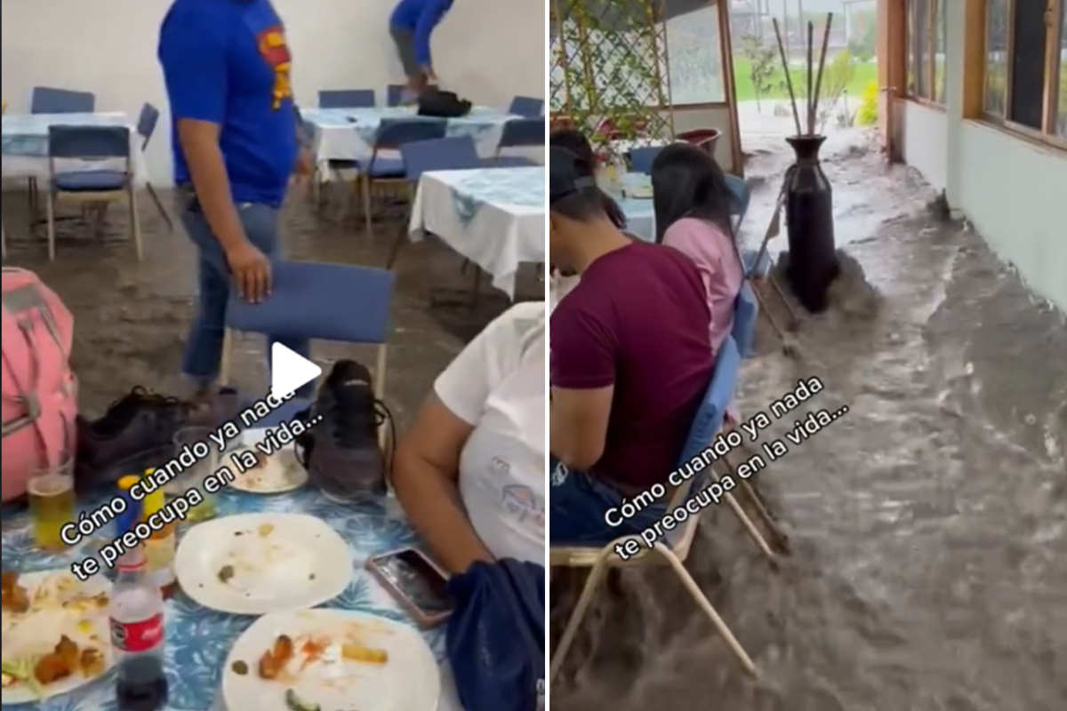 Familia celebra fiesta en medio de una inundación.