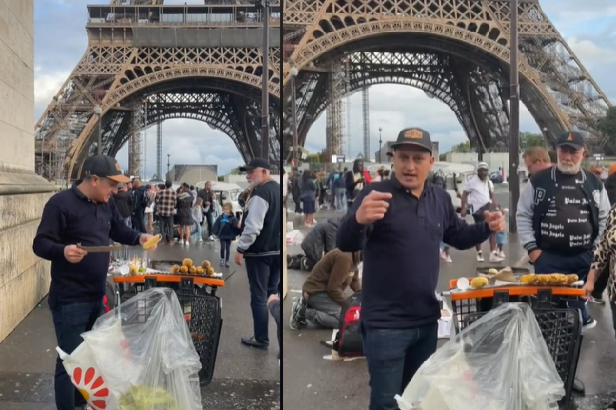 Un joven colombiano se viralizó luego de ser captado vendiendo elotes a un costado de la monumental Torre Eiffel de París