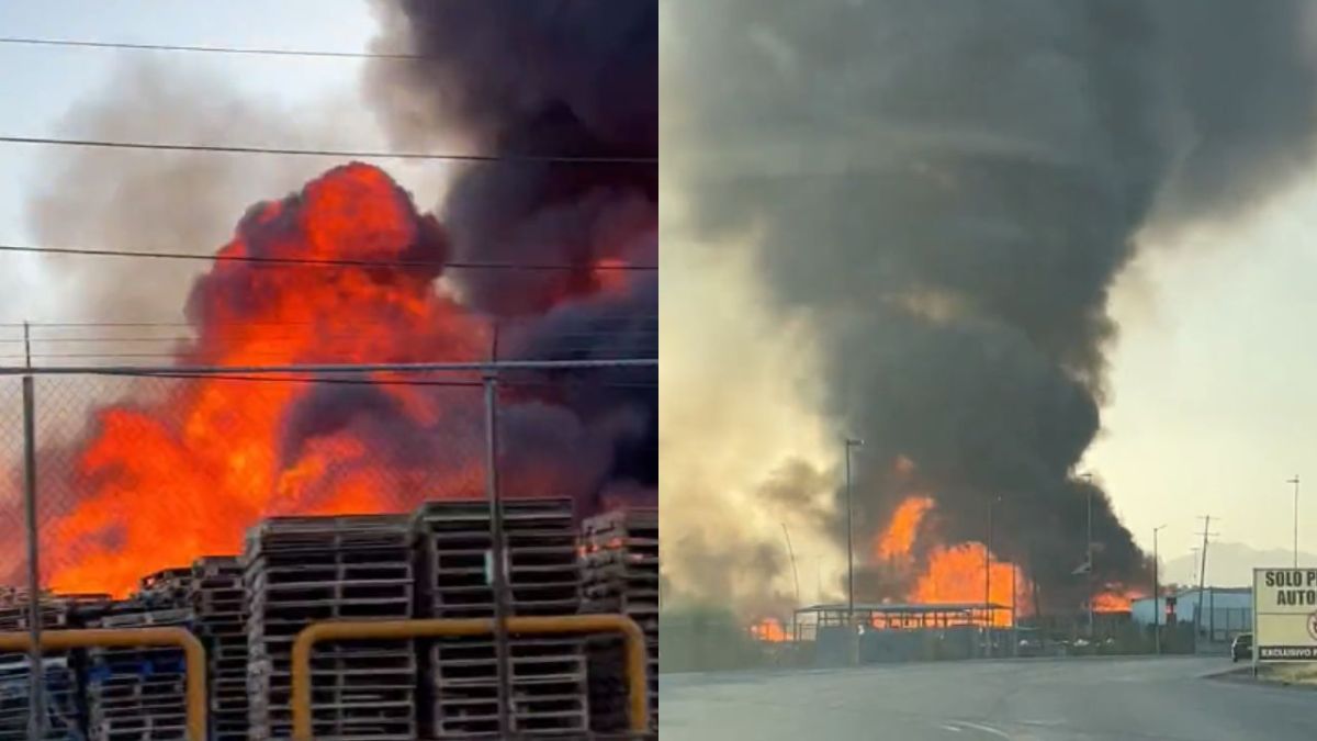 Fuerte incendio consume parte del patio de un Walmart en Nuevo León.