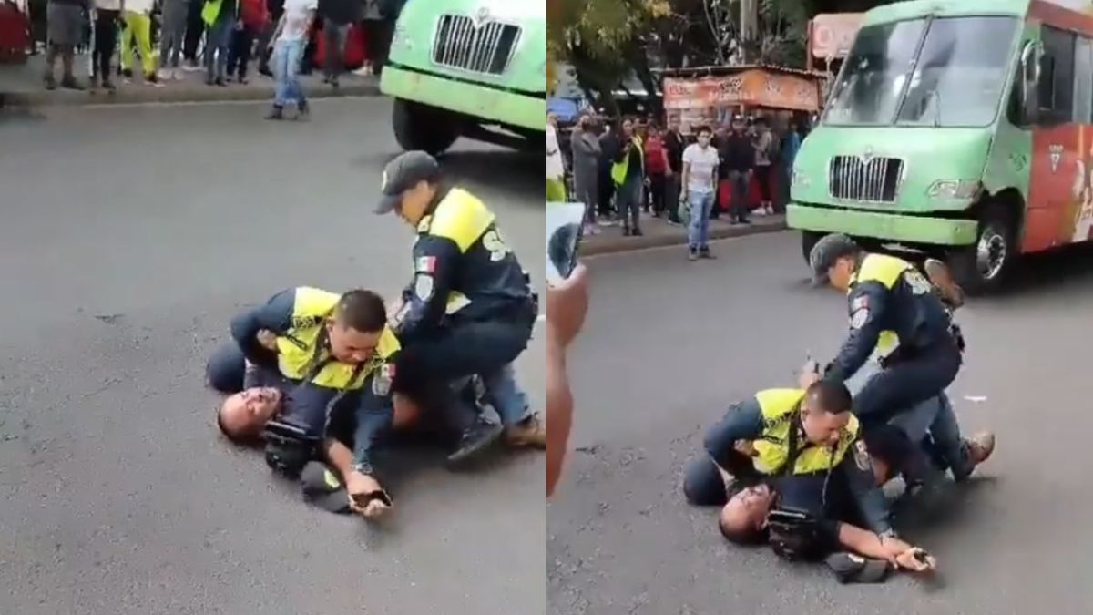 Captan a policías sometiendo a un microbusero en la avenida Tláhuac.