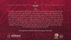 Dos al hilo: AMLO reta de nuevo al INE con posdata leída con su voz en YouTube