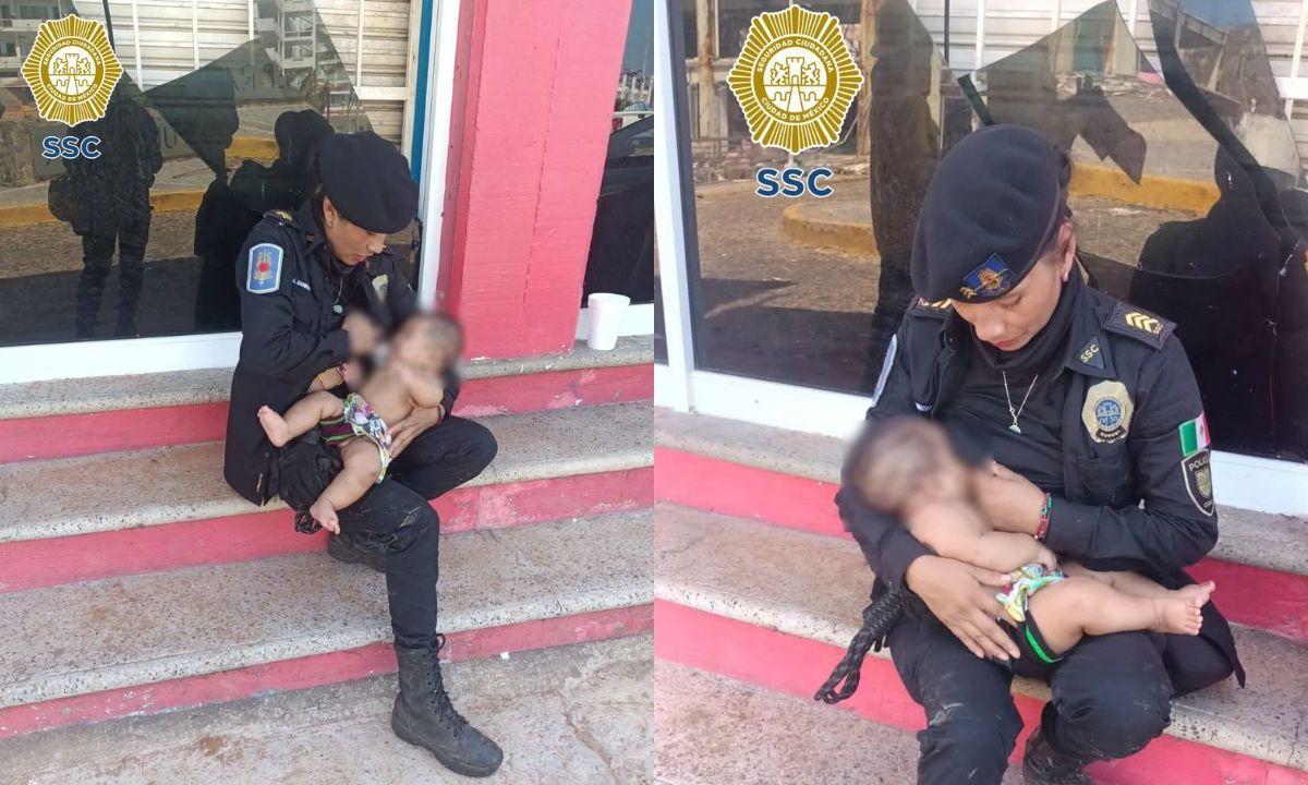 Mujer policía amamanta a bebé de familia damnificada por paso del huracán Otis en Guerrero; el menor llevaba días sin comer