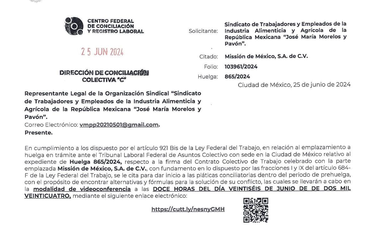 Centro Federal de Conciliación y Registro Laboral citó a una primera audiencia virtual a directivos de la empacadora Mission en Uruapan y al Sindicato “José María Morelos y Pavón”