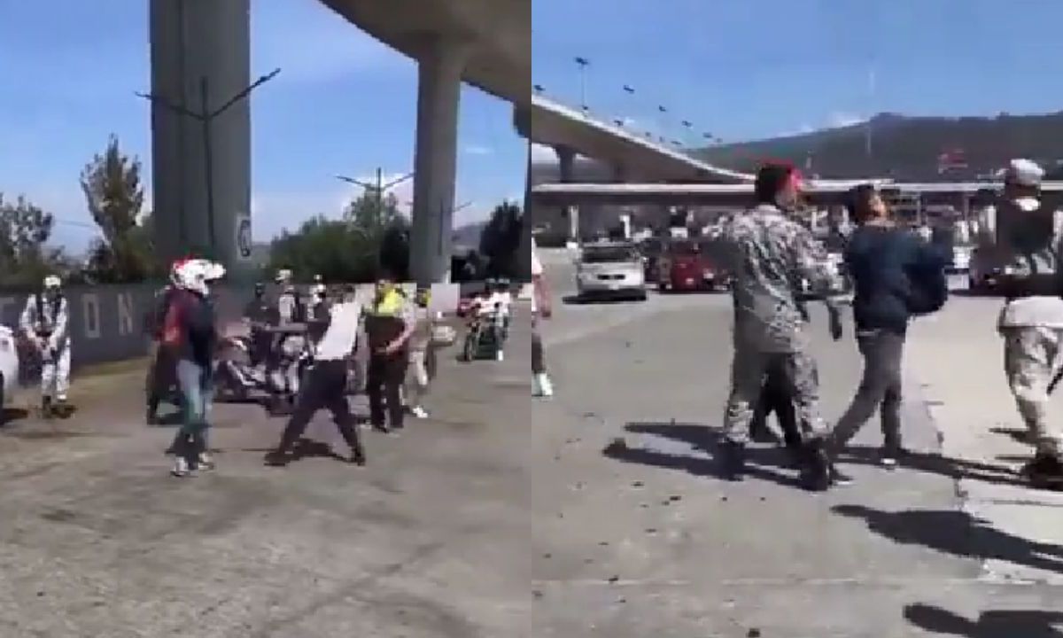 Biker y elementos de la Guardia Nacional protagonizan pelea en la caseta de la autopista México-Cuernavaca