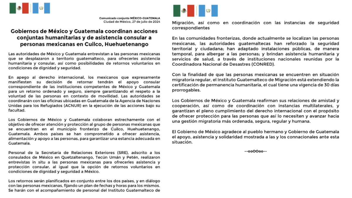 Los gobiernos de México y Guatemala coordinan acciones conjuntas humanitarias y de asistencia consular a personas mexicanas.