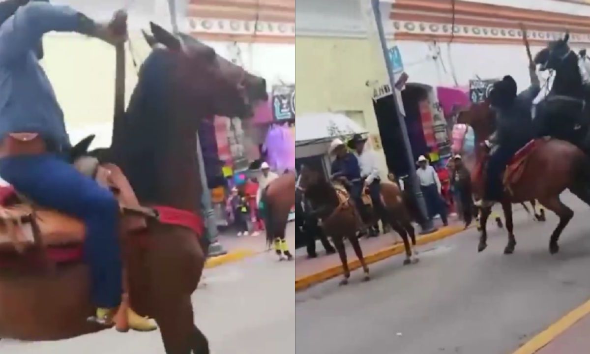 Sujeto montada a caballo machetea a jinete en una feria en Tlaxcala