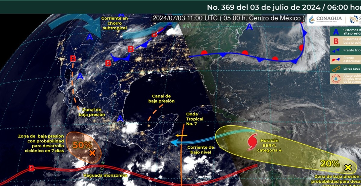 Foto: conagua_clima/La siguiente imagen interpretada del SMN se emitirá el día 03 de julio a las 18:00 horas (tiempo del centro de México), o antes, si ocurre algún cambio significativo.