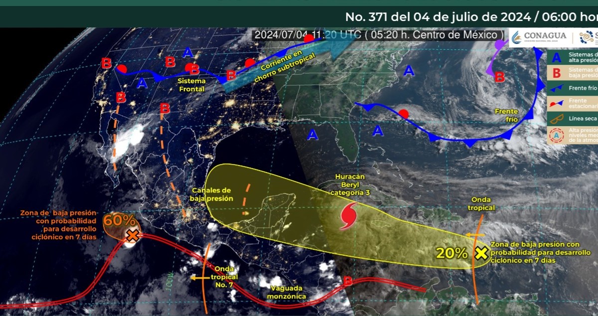 Foto:X@conagua_clima/La siguiente imagen interpretada del SMN se emitirá el día 04 de julio a las 18:00 horas (tiempo del centro de México), o antes, si ocurre algún cambio significativo.