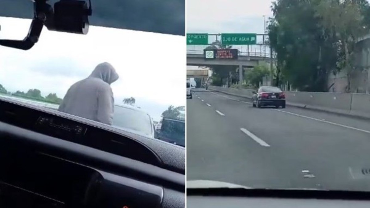 Foto: Captura de pantalla/ Ataque a los pasajeros de un vehículo particular por parte de presuntos montachoques, cuando circulaban sobre la autopista México Pachuca.