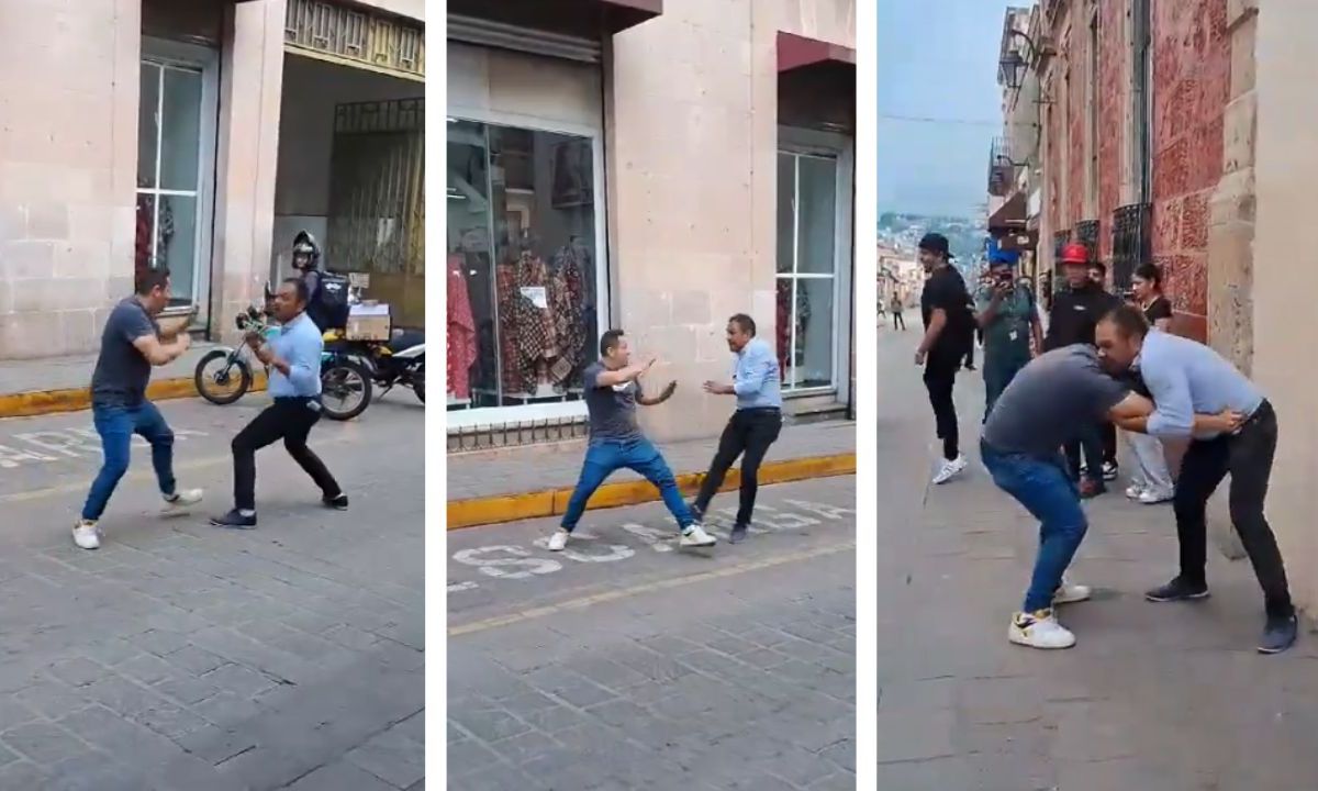 Hombres protagonizan pelea callejera en la calle Virrey de Mendoza, en pleno centro de Morelia, Michoacán