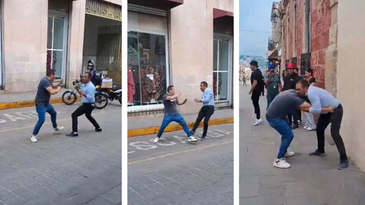 Hombres protagonizan pelea callejera en la calle Virrey de Mendoza, en pleno centro de Morelia, Michoacán