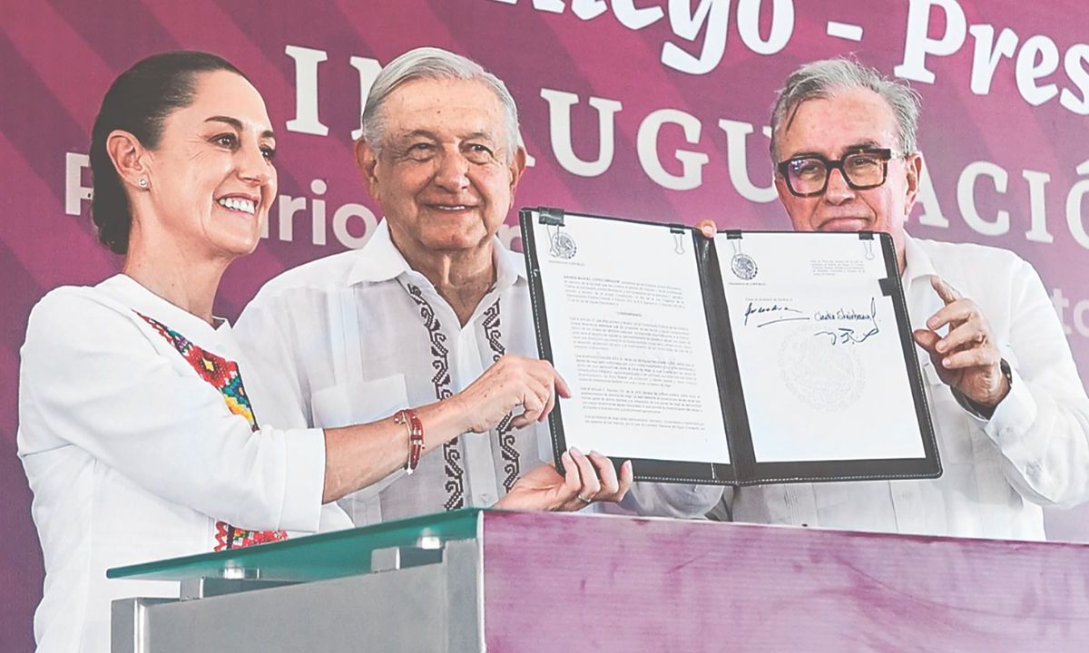 Gira. Claudia Sheinbaum, acompañó al presidente López Obrador durante la inauguración del distrito de riego de la presa “Picachos” en Sinaloa, este domingo. 