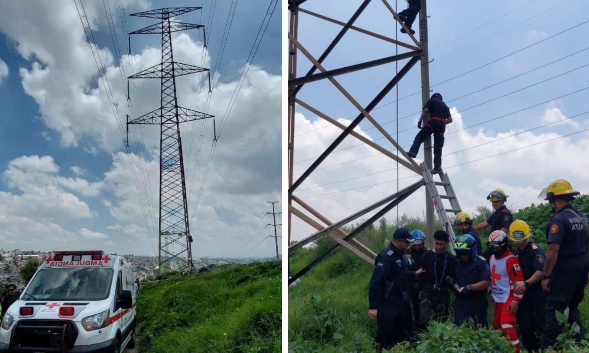 Cuerpos de emergencia rescataron a un joven que escaló a la parte alta de una torre de tensión en el municipio de Atizapán de Zaragoza.