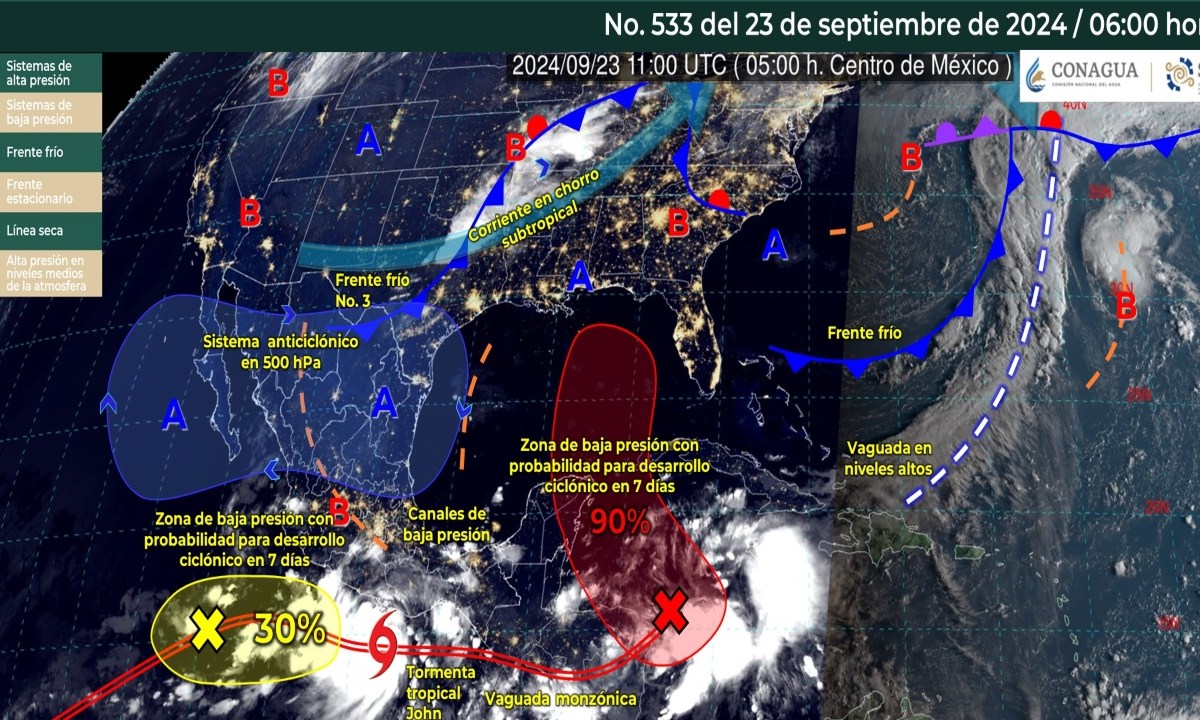 Foto: X@conagua_clima/ Sistemas Meteorológicos Actuales 213 de septiembre de 2024, 6:00 h