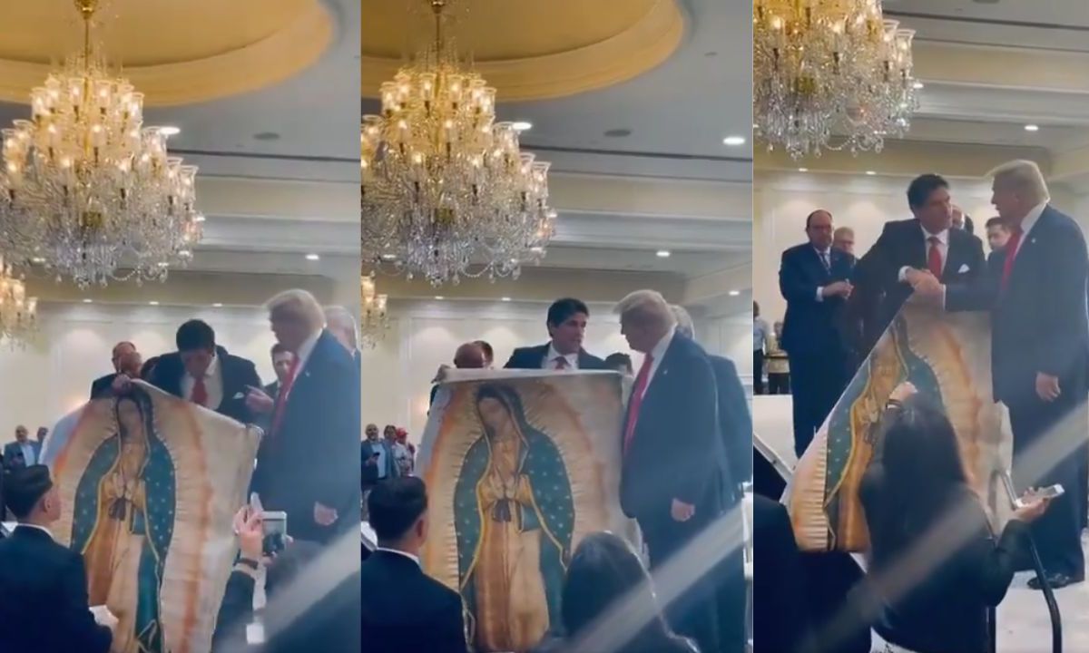 Foto: Captura de pantalla/ El actor y aspirante a la política Eduardo Verástegui, obsequió una imagen de la Virgen de Guadalupe al candidato a la presidencia de EU Donald Trump