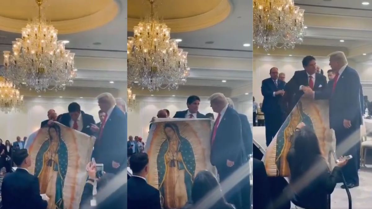 Foto: Captura de pantalla/ El actor y aspirante a la política Eduardo Verástegui, obsequió una imagen de la Virgen de Guadalupe al candidato a la presidencia de EU Donald Trump