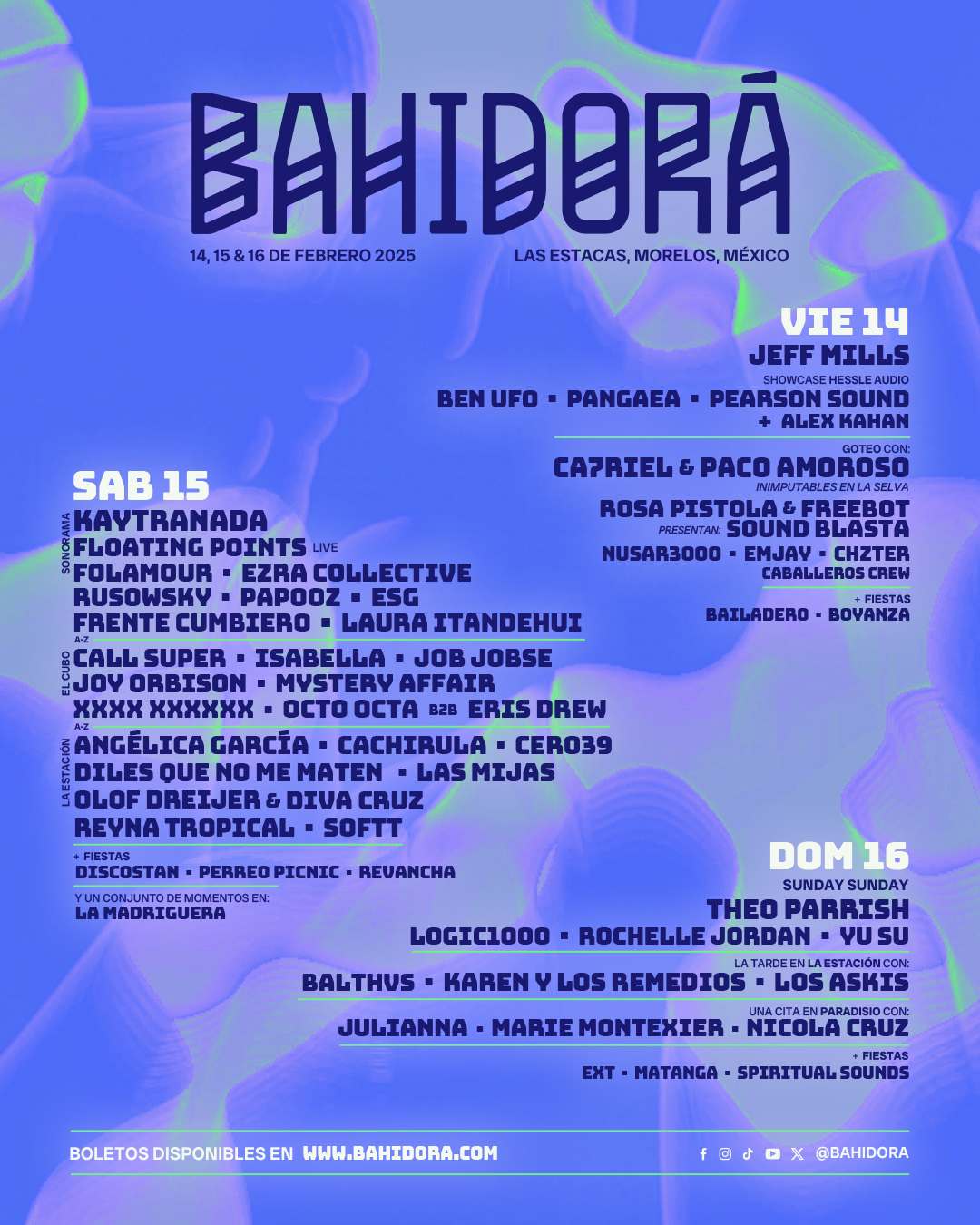 Lineup del festival Bahidorá que se realizará del 14 al 16 de febrero de 2025 en Las Estacas