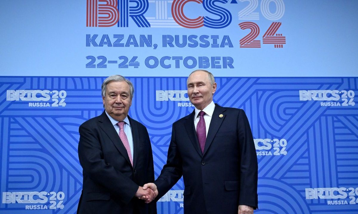 Vladimir Putin, presidente de Rusia y António Guterres, secretario general de la ONU en el BRICS