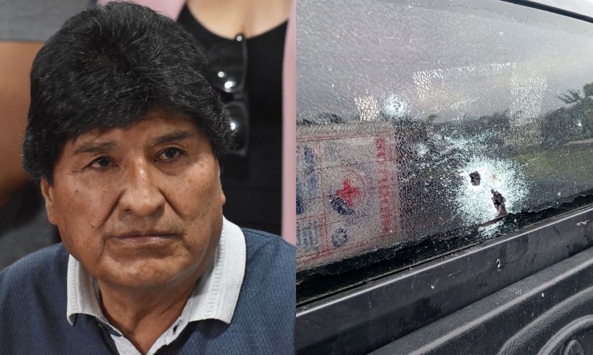 Fotografía del expresidente de Bolivia, Evo Morales y a un lado el vehículo que fue atacado, de acuerdo a su denuncia