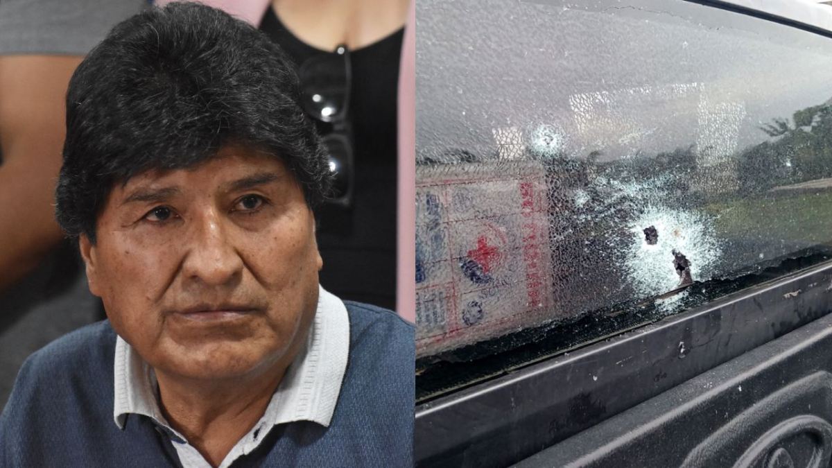 Fotografía del expresidente de Bolivia, Evo Morales y a un lado el vehículo que fue atacado, de acuerdo a su denuncia