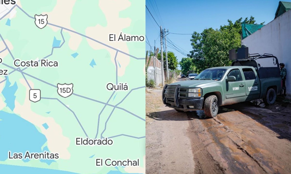 Mapa de ubicación de Eldorado y camioneta del Ejército Mexicano en operativo en Sinaloa