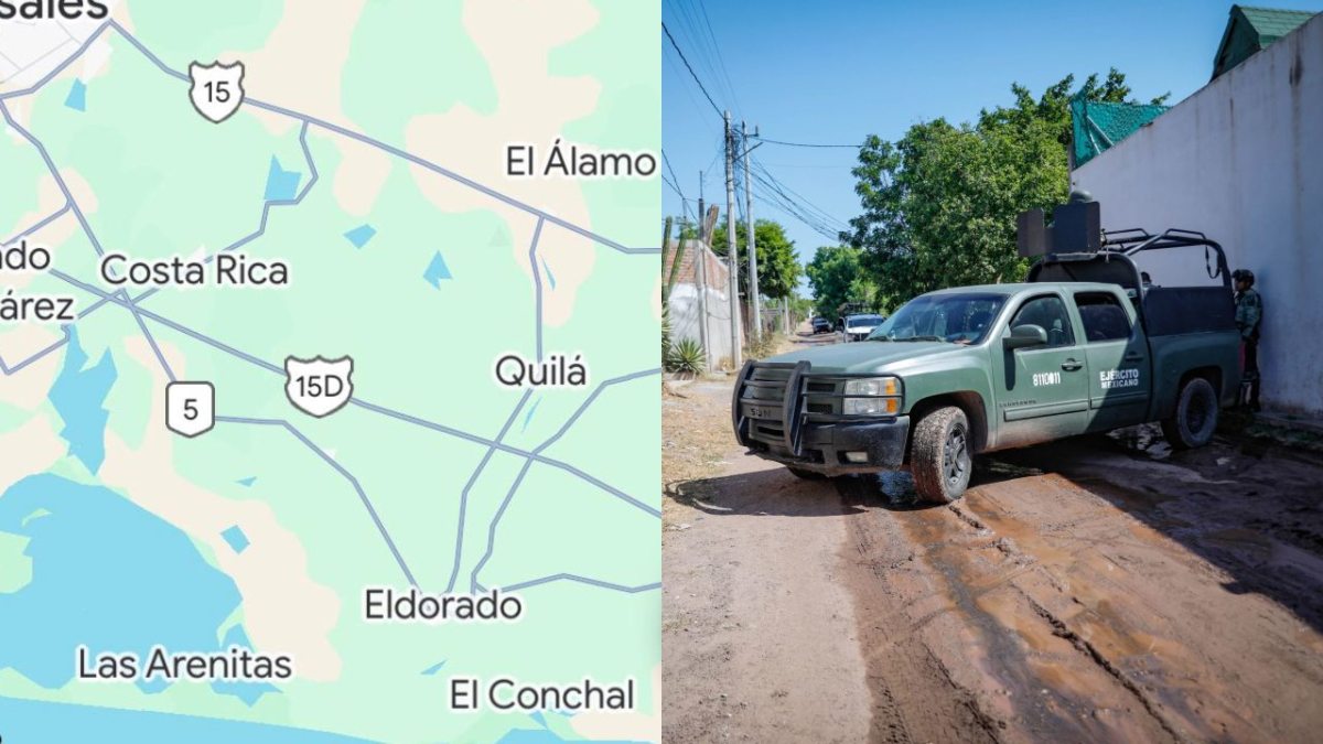 Mapa de ubicación de Eldorado y camioneta del Ejército Mexicano en operativo en Sinaloa