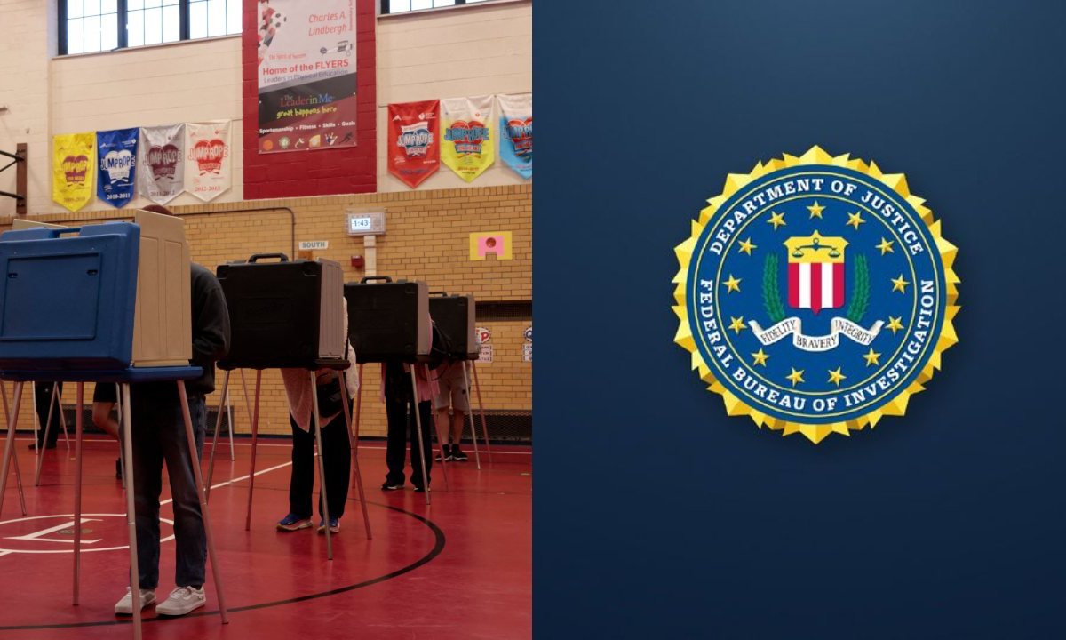 Casillas en las que electores votan para elegir presidente o presidenta de Estados Unidos a lado del logo de la FBI