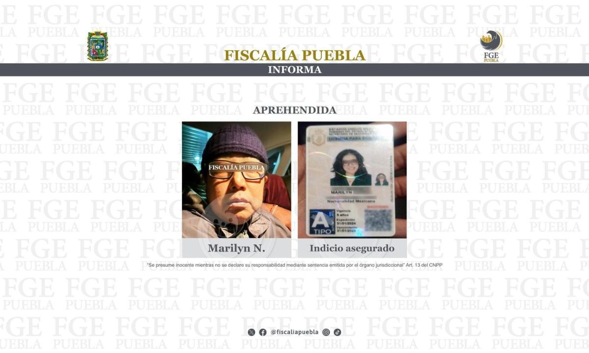 APREHENDIDA. La acusada fue detenida por las autoridades poblanas en colaboración con la Fiscalía del vecino estado.