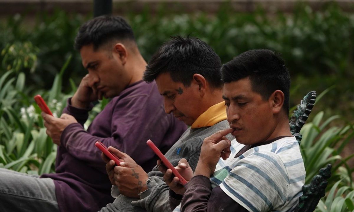 Jóvenes en su teléfono celular tomando descanso en el Bosque de Chapultepec.