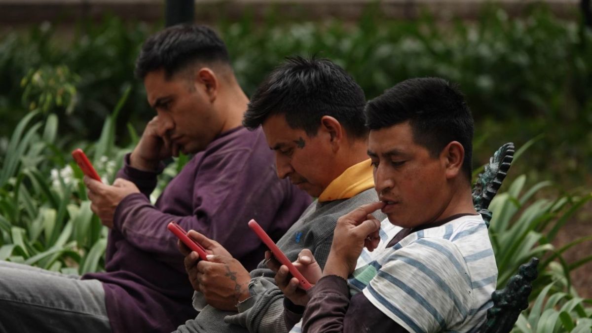 Jóvenes en su teléfono celular tomando descanso en el Bosque de Chapultepec.