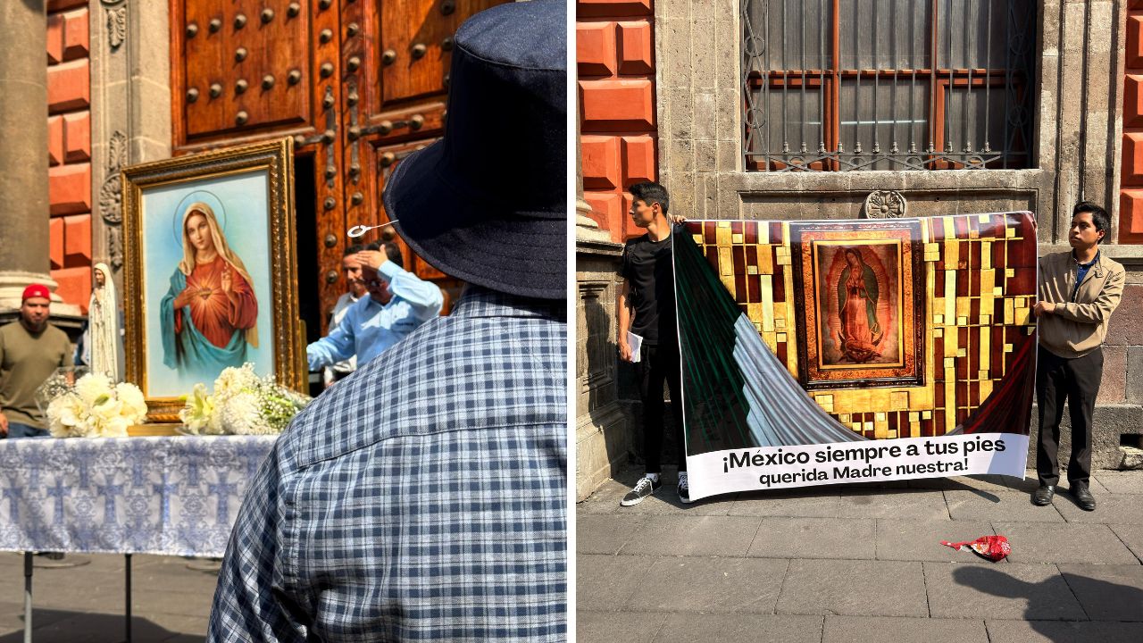 Una manifestación en contra de la exposición La Venida del Señor, de Fabián Cháirez, se realiza en la Antigua Academia de San Carlos.