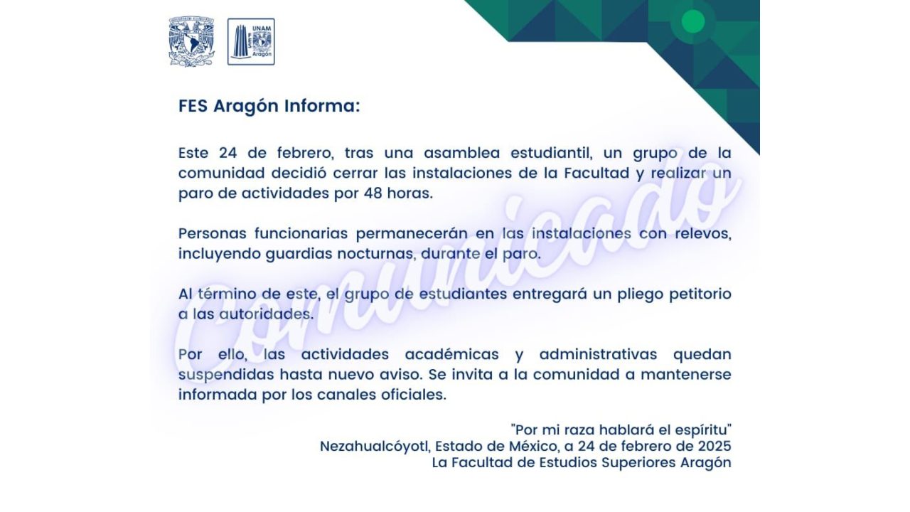 Realizan paro de labores en la FES Aragón por 48 horas