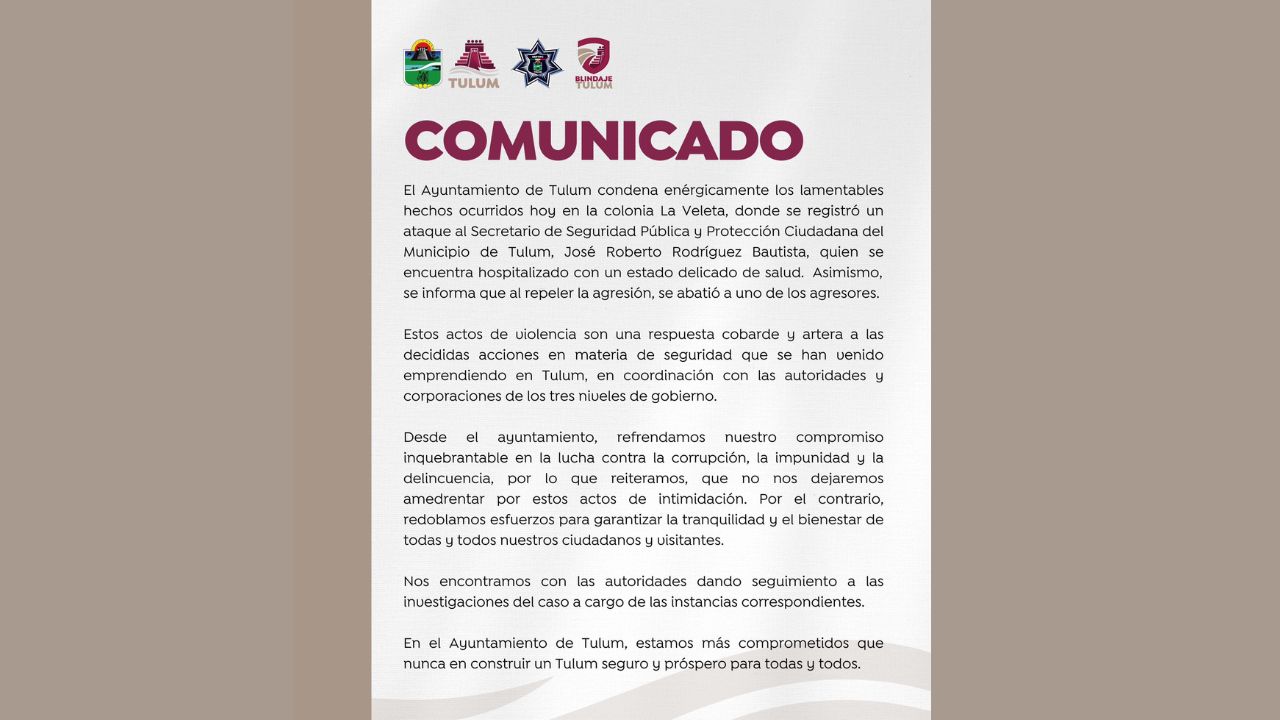 El Secretario de Seguridad Pública y Protección Ciudadana de Tulum , José Roberto Rodríguez sufrió un ataque armado en el que resultó herido.