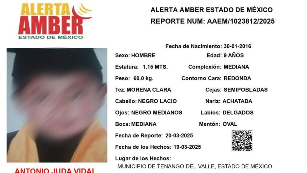  La Fiscalía General de Justicia del Estado de México (FGJEM) sacó una Alerta Amber para localizar a "Toñito".