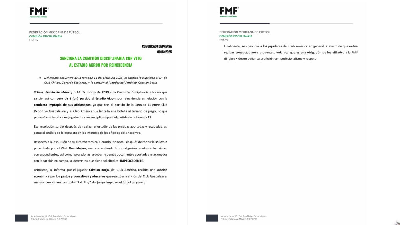 La Federación Mexicana de Futbol (FMF) resolvió vetar al Estadio Akron por reincidencia en la conducta impropia de los aficionados de Chivas.