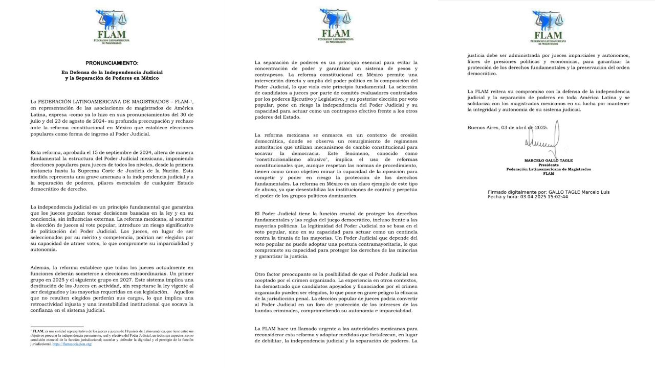 En un comunicado, la JUEFED celebró que la Federación Latinoamericana de Magistrados (FLAM) rechazara por tercera vez la reforma judicial.
