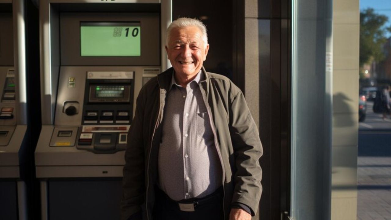 Adulto mayor junto a un cajero automático para disponer de su pensión del IMSS o ISSSTE