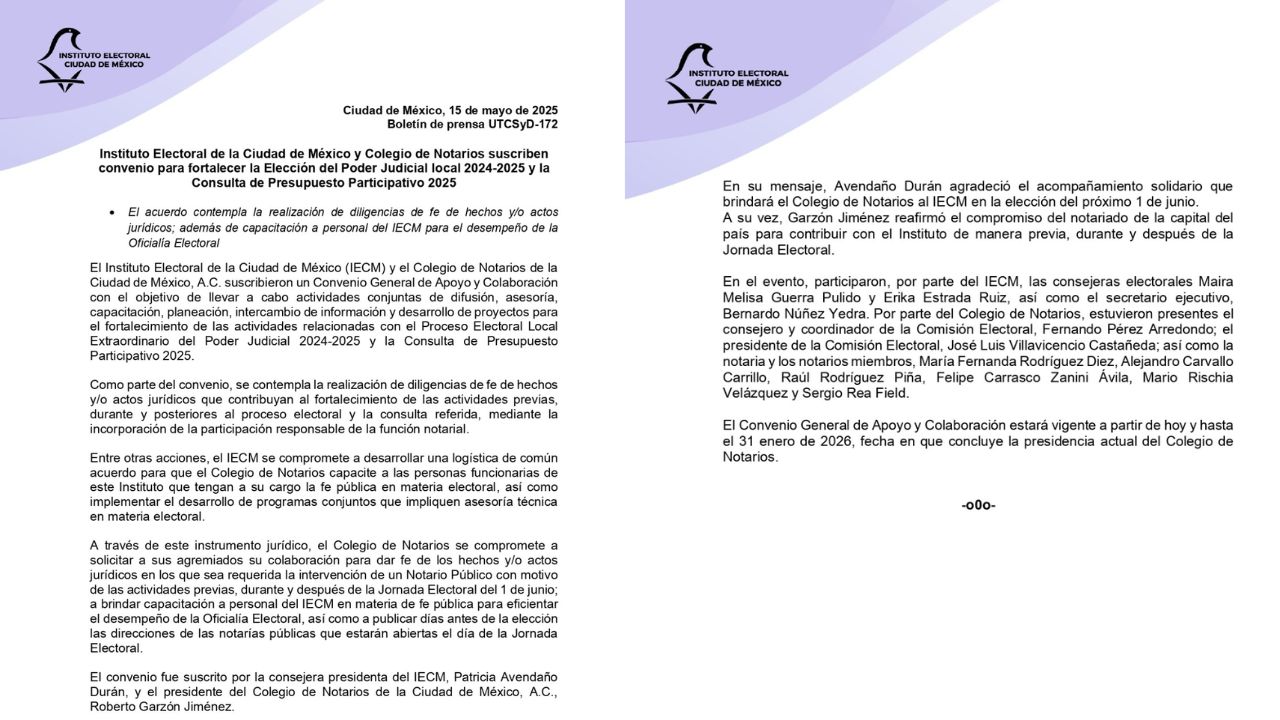 El IECM firmó un convenio con el Colegio de Notarios 
 para fortalecer la Elección del PJ en la CDMX y la Consulta de Presupuesto Participativo 2025.