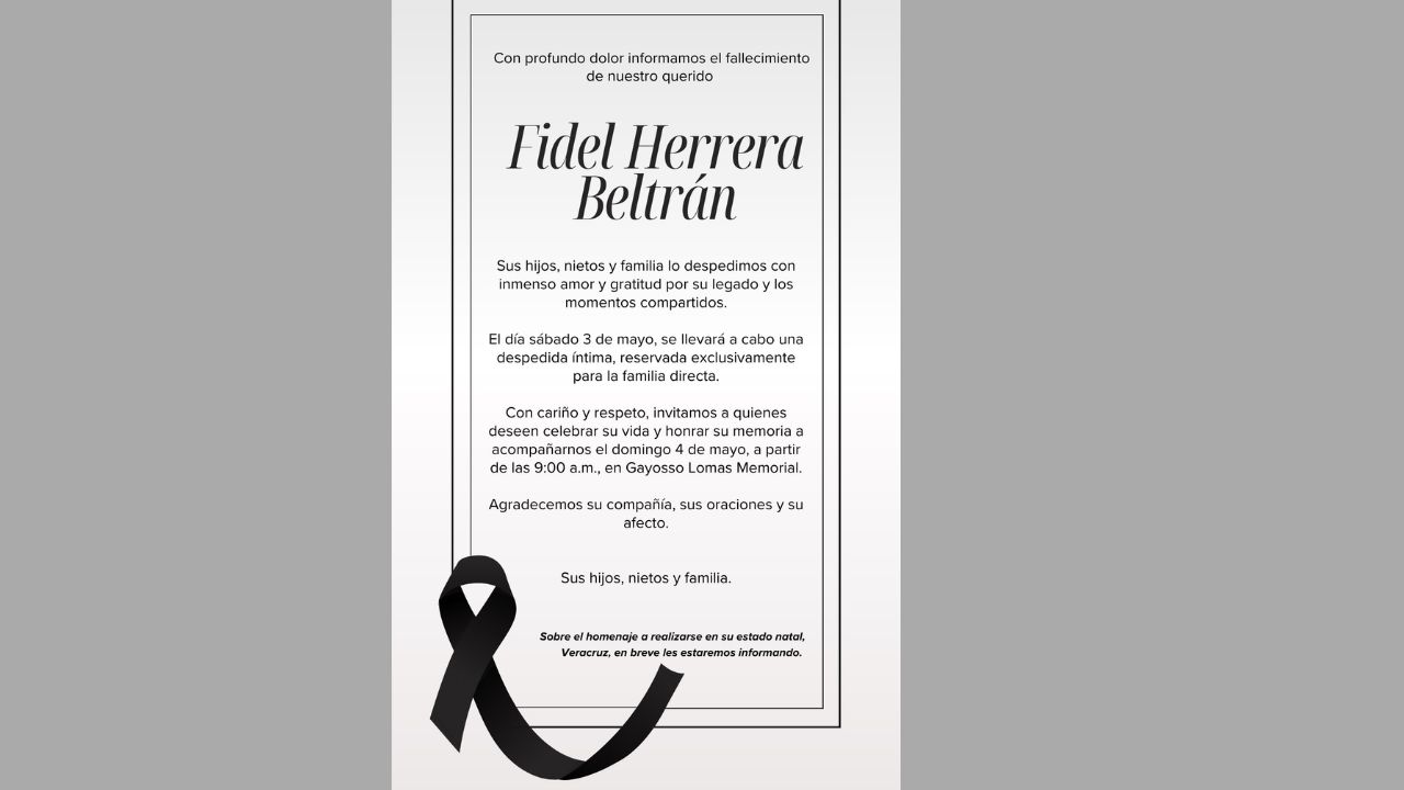 El ex gobernador de Veracruz, Fidel Herrera Beltrán falleció este 2 de mayo, así lo informó su hijo a través de sus redes sociales.