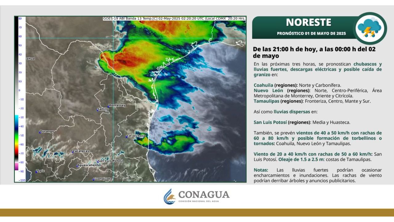 El Servicio Meteorológico Nacional pronosticó la posible formación de tornados, además en lluvias en Coahuila, Nuevo León y Tamaulipas. 