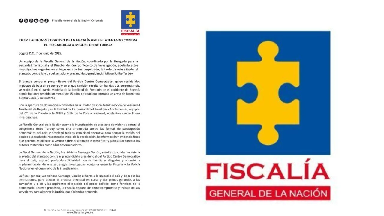 La Fiscalía de Colombia informó que tras el atentado contra Miguel Uribe, detuvieron en el lugar a un menor de 15 años con una pistola 9 mm.