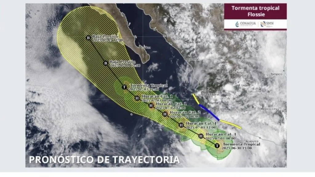 Imagen ilustrativa del Servicio Meteorológico Nacional sobre el avance de la Tromenta Tropical Flossie por el Pacífico mexicano.