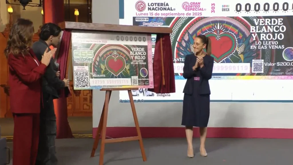 La presidenta Sheinbaum, junto a la titular de la Lotería Nacional, develó en la Mañanera del Pueblo el billete dedicado a los migrantes