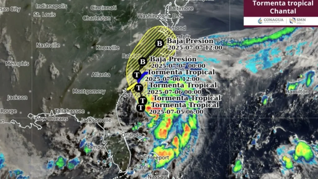 La tormenta tropical Chantal se localiza a 240 km al sur-sureste de Charleston, Carolina del Sur