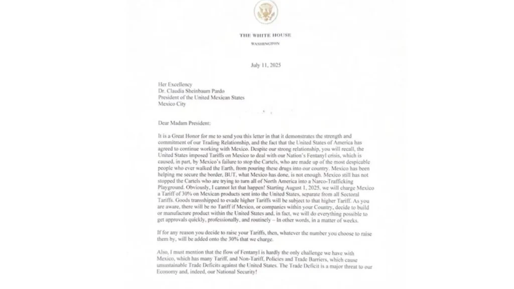 Carta que envió Trump a la presidenta Claudia Sheinbaum donde informa que, si México no reduce el tráfico de drogas hacia su país, impondrá aranceles de hasta 30 % a partir del 1 de agosto