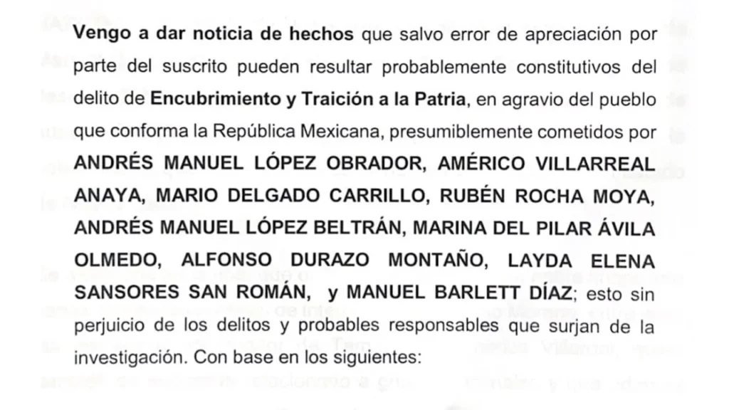 El senador plurionominal, Alejandro "Alito" Moreno denunció a AMLO por "traición a la Patria" ante la FGR.