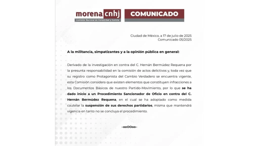 Luisa María Alcalde precisó que Hernán Bermúdez se afilió a Morena en 2022, durante el sexenio de López Obrador y buscan su expulsión.