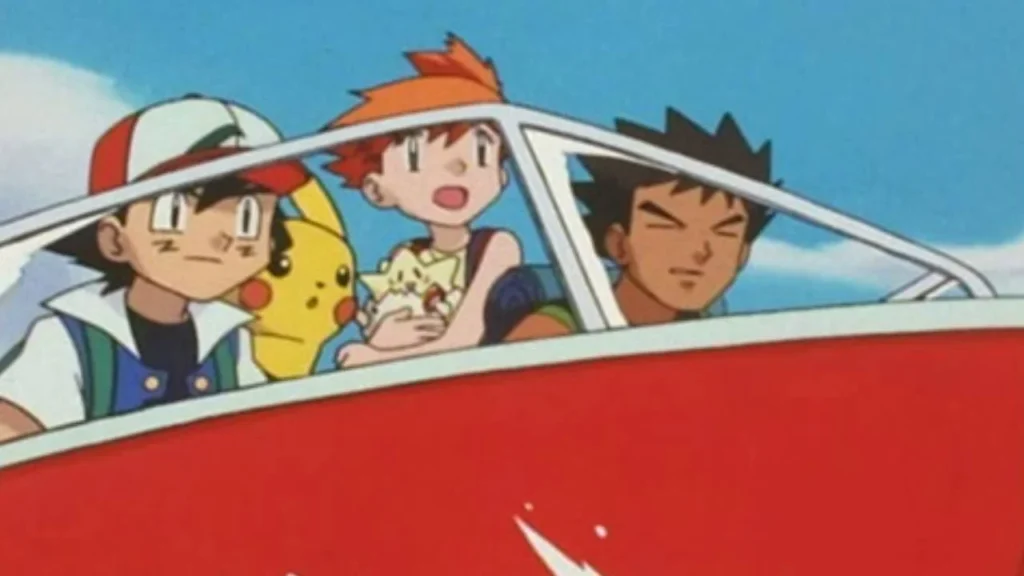 Ash, Pikachu, Misty y Brook en una de sus aventuras en Pokémon Series Original.