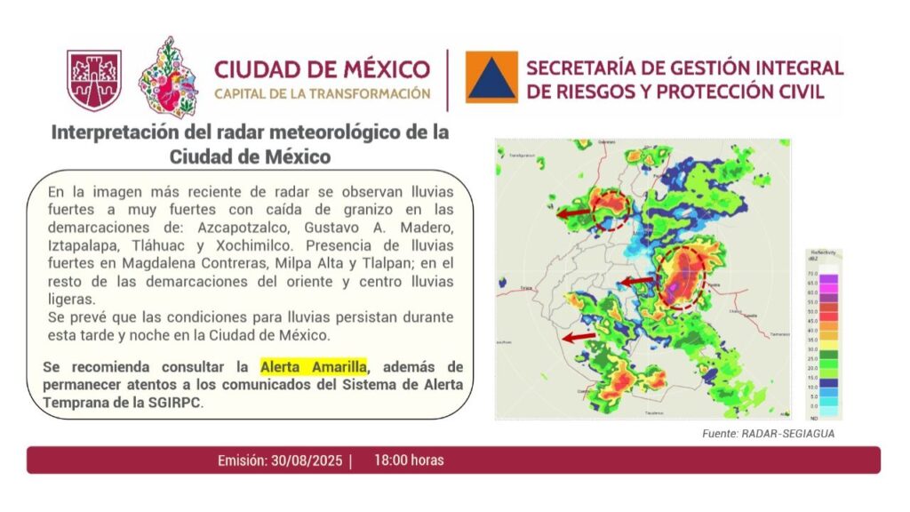 La lluvia afectará a nuevo alcaldías de la CDMX según el pronóstico de la SGIRPC para la tarde y noche del sábado 30 de agosto.